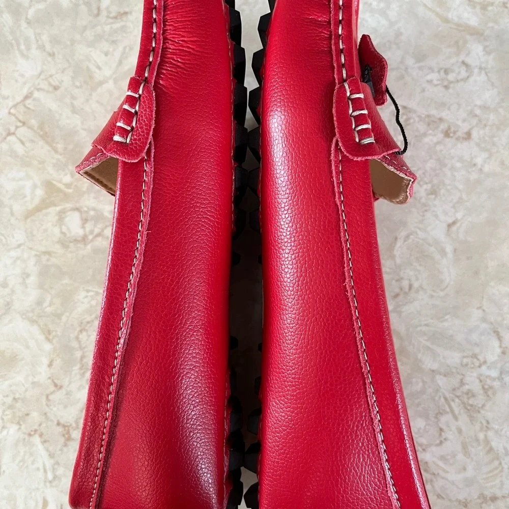 Cherry Red Leather Flats‎ with Moccasin Stitching